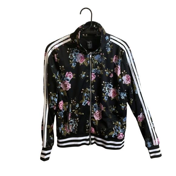 Rue 21 Black Floral Bomber Jacket Mock Neck Sleeve Stripes Size M Full Zip - Picture 9 of 9